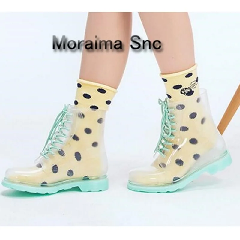 

Moraima Snc spring summer ladies ankle boots lace up blue Transparent PVC women shoes fashion round toe rainboots Limited