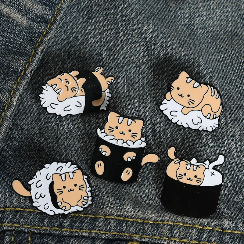 Adorable Cat Sleep Eating Rice Playing Ball Enamel Pins  Cute Animals Japanese Foods Brooch Lapel Badge Bag Cartoon Jewelry