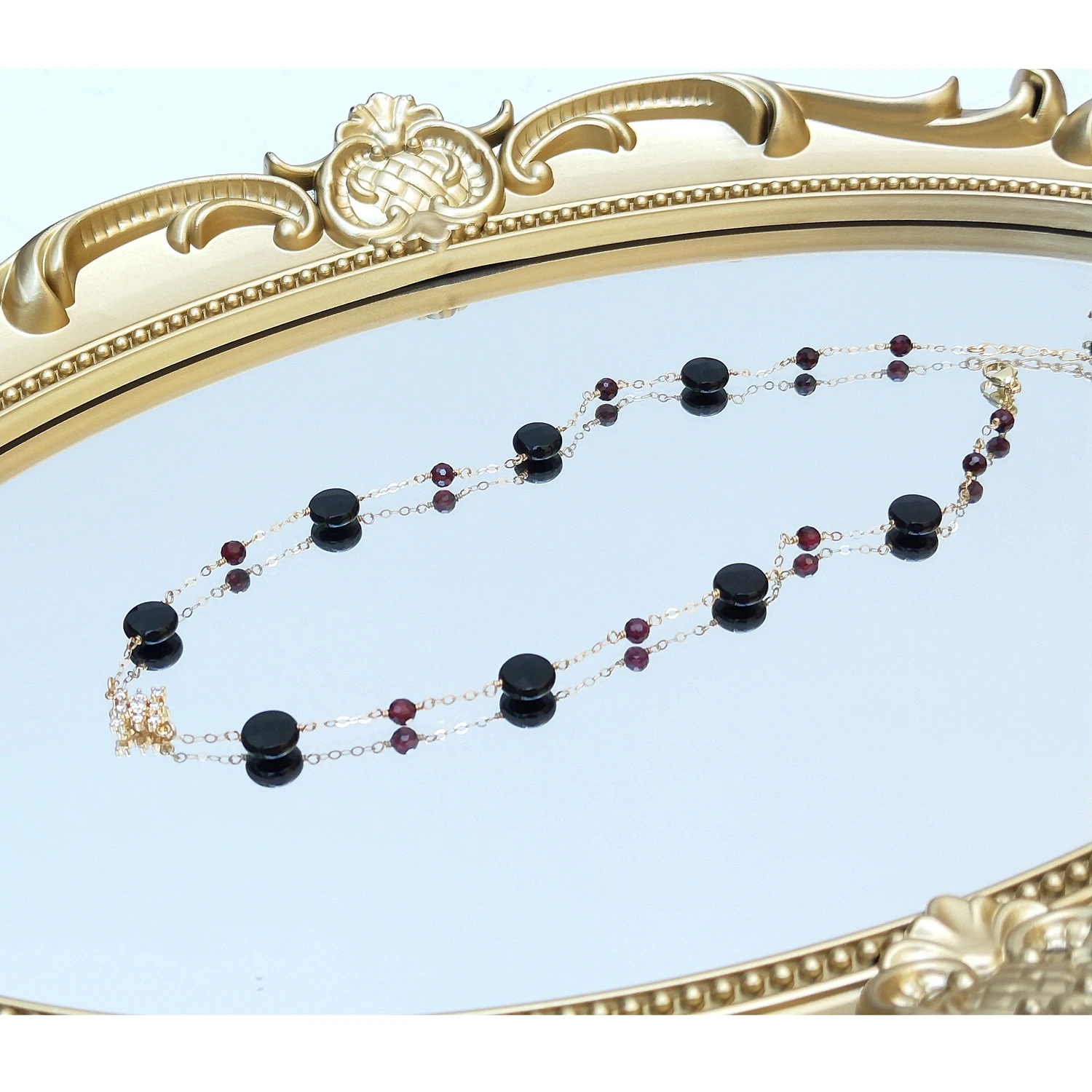 Lii Ji American 14K Gold Filled Choker Chain Black Agate/Onyx Red Garnet Zircon Snowflake Handmade Necklace 36cm+5cm