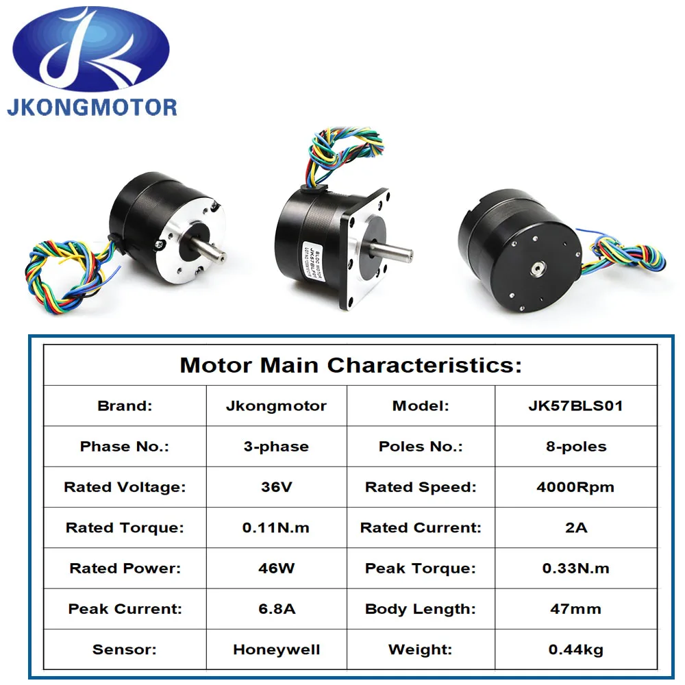 4000Rpm Brushless BLDC Motor 36V 46W 0.11N.m 2A 47mm Length BLDC 57BLS01 57mm 3-Phase 4-Poles Brushless Motor with Hall-Sensor