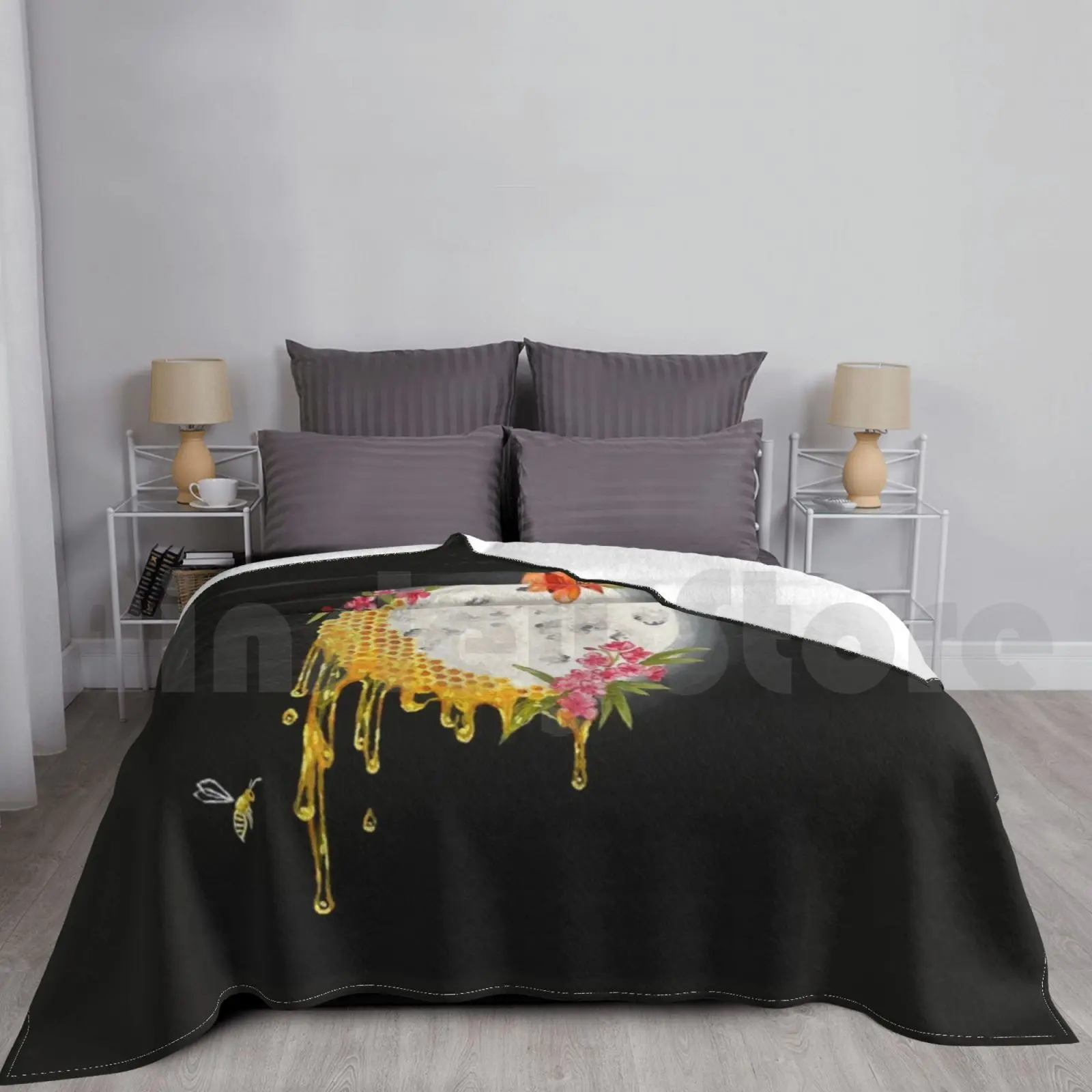 Manta de luna de miel Ii, moda personalizada, miel, luna, panal, única, abeja Bizzy, surrealista, Oleander, Alstroemeria, abejas, rosa