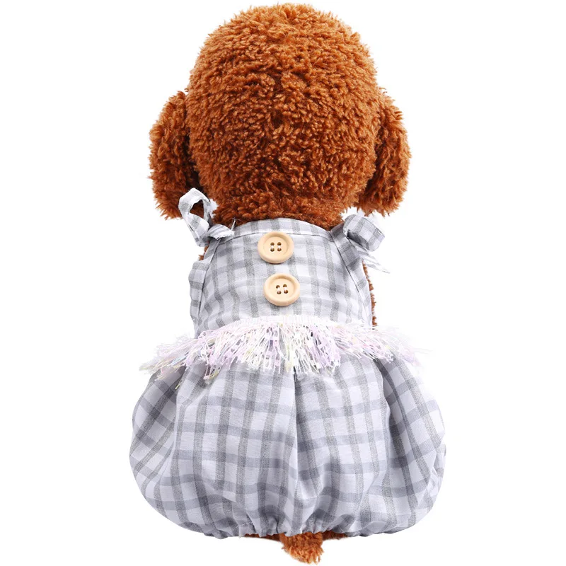 

Fashion Spaghetti Strap Plaid Tassel Dog Jumpsuit Puppy Cat Overalls Four Legs Bib Pants for Teddy Pomeranian Chihuahua Rompers