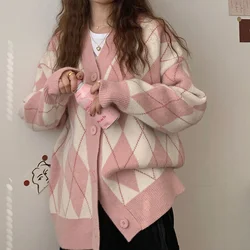 Argyle Cardigan Women Knitted Sweater Loose Single Breasted Students V-neck Lovely Knitwear Korean Oversize Cardigan Winter Tops