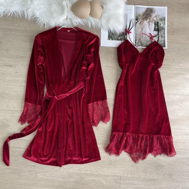 

Women Robe Velour Kimono Bathrobe Gown Autumn New Nightwear Intimate Lingerie Sexy Sleepwear 2PCS Nightgown Soft Home Clothes