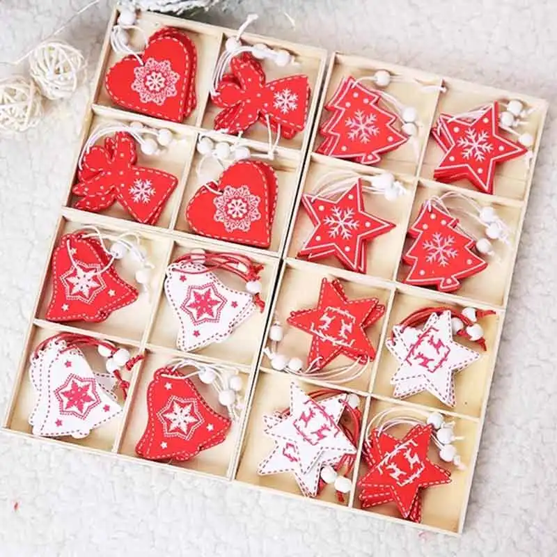 12 Pc/set of Christmas Tree Pendants Wooden Snowflakes Elk, Snowman 2022 New Year Christmas Home Decor Children's Toys and Gifts