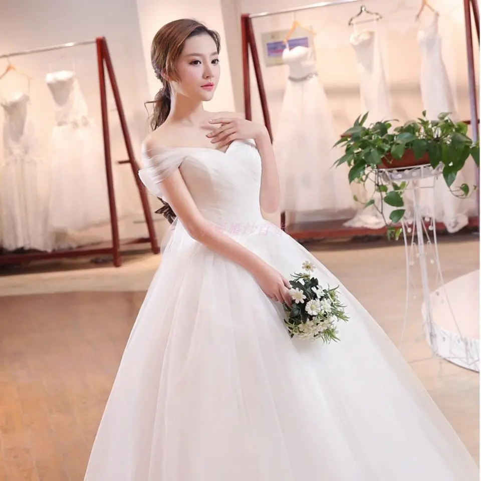 Halter Wedding Dresses White Tulle Boat Neck Wedding Dress Lady Princess Floor Length Ball Vestido Prom Party Gown Long Robes