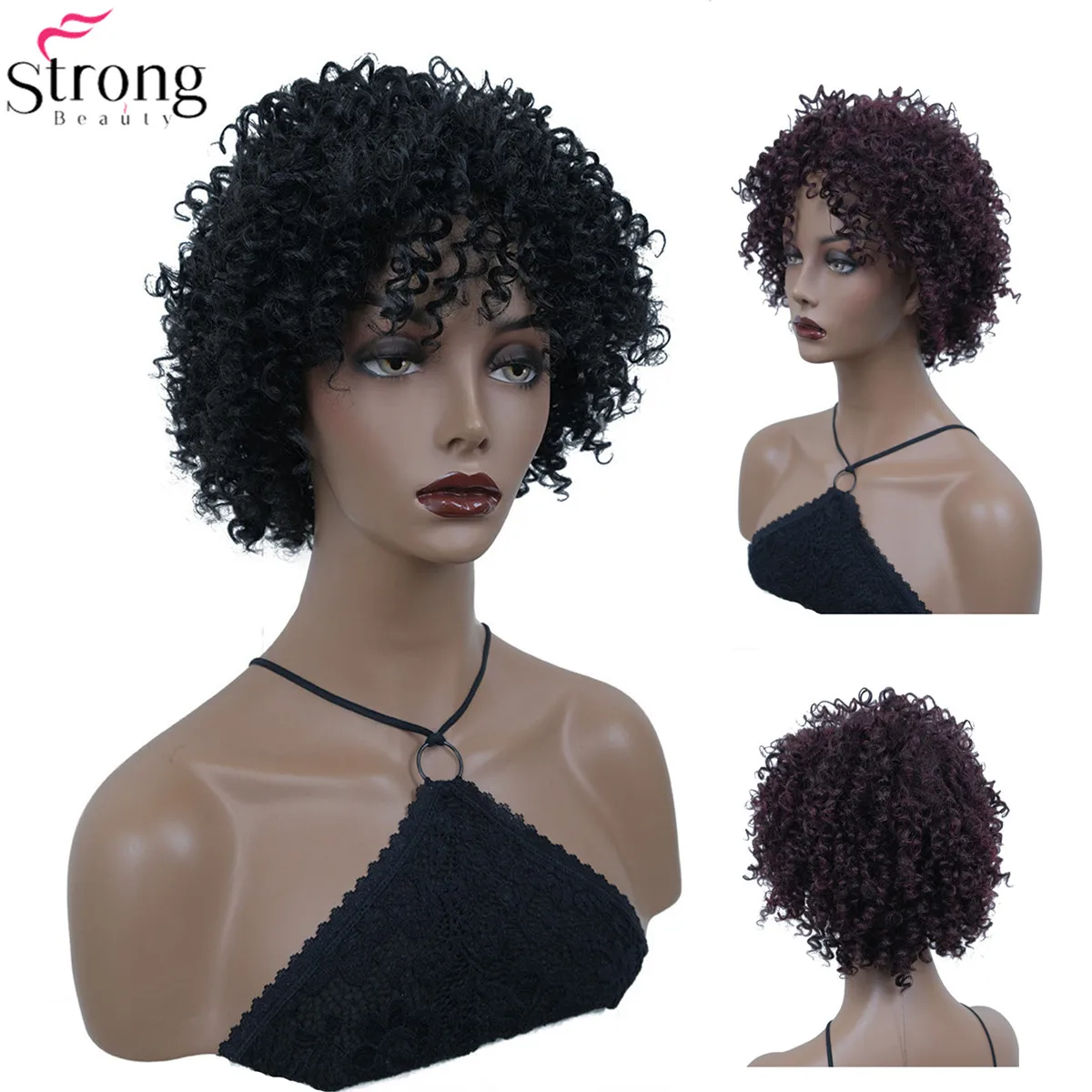 

StrongBeauty Afro Kinky Короткие вьющиеся синтетические парики Волосы Винно-красный/черный парик Натуральный