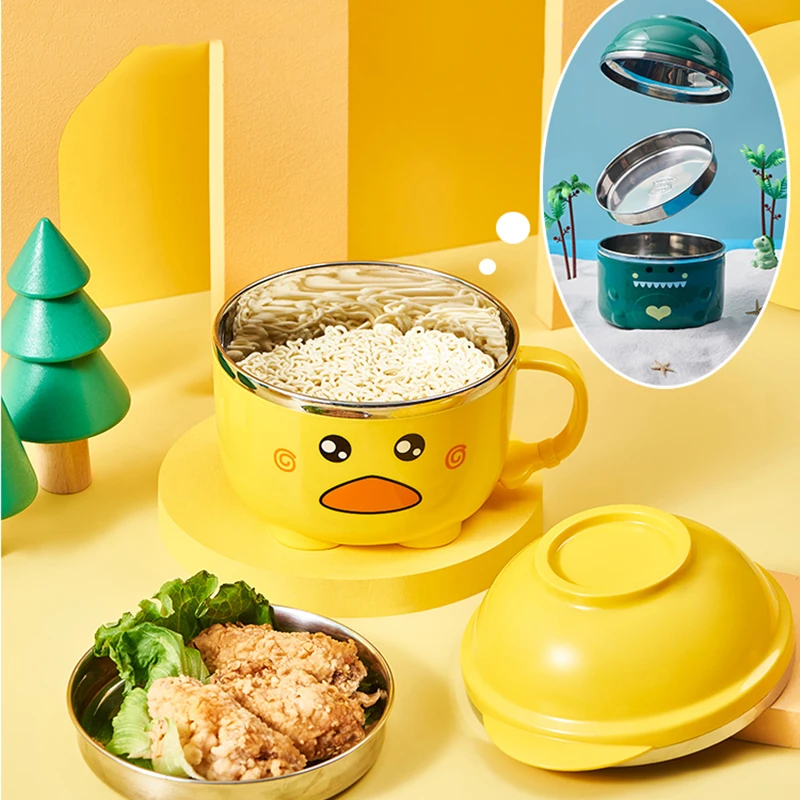 900/1200ml Cute Duck Ramen Bowl With Lid Stainless Steel Kawaii Double-layer Kitchen Noodle Salad Fruit Rice Soup Bowl Tableware