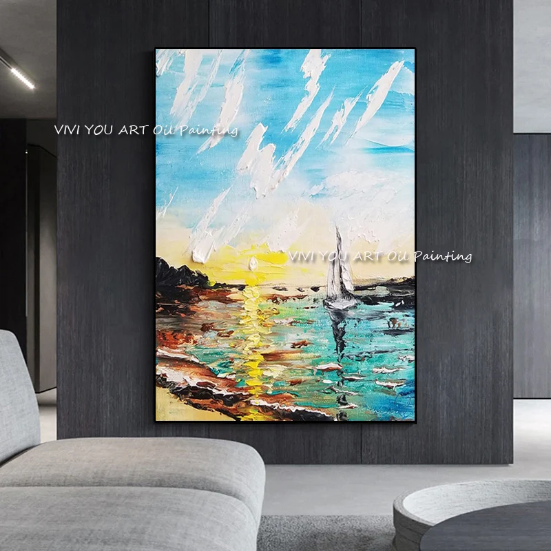 ที่ขายดีที่สุด Sea View สีสัน Handmade Palette ภาพวาดสีน้ํามัน Frameless บนผ้าใบ Wall Art รูปภาพสําหรับตกแต่งสํานักงานเรือ