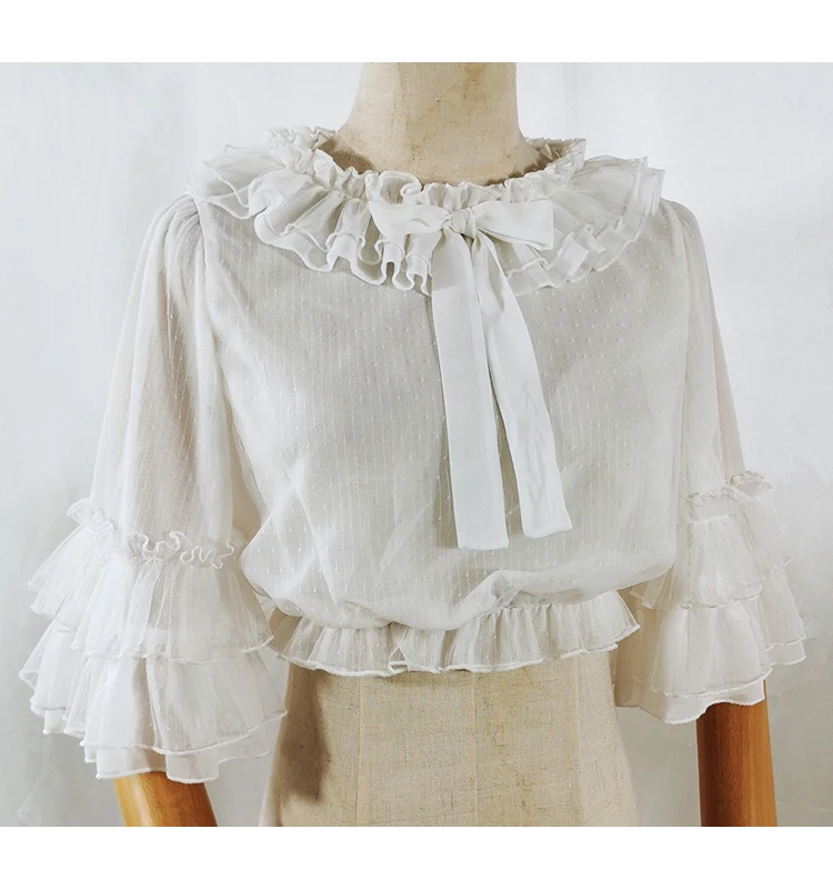 Fresh sweet lolita top kawaii girl peter pan collar victorian shirt loose top lolita shirt loli ruffled chiffon bell sleeve