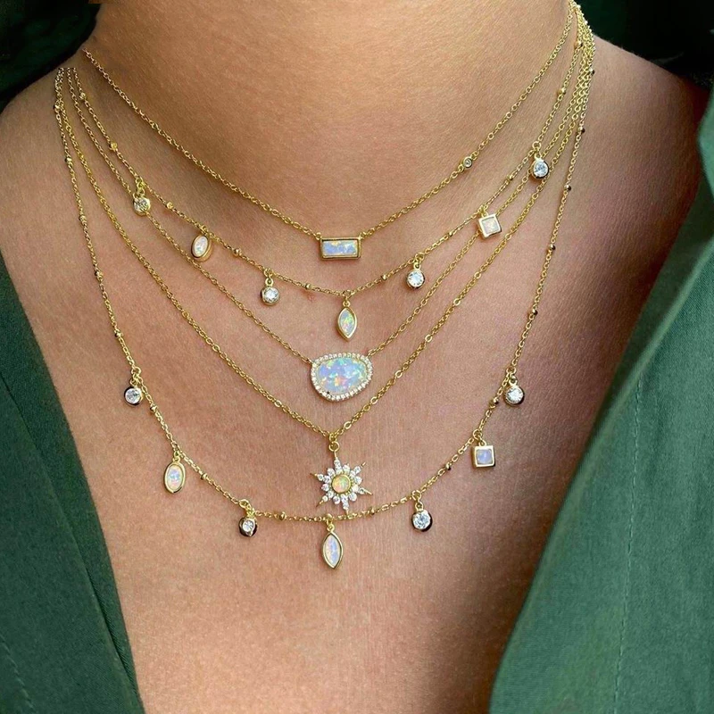 100% 925 Sterling Silver Simple Square Round CZ Opal Stone Charm Geometric Delicate Women Girl Choker Necklaces Fashion Jewelry