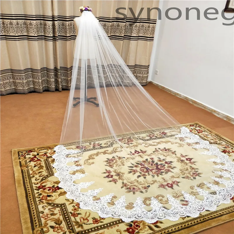 Real Photo Real Photo 3m One Layer Wedding Veil With Comb White Lace Edge Bridal Veils Ivory Cathedral Wedding Veil 5m