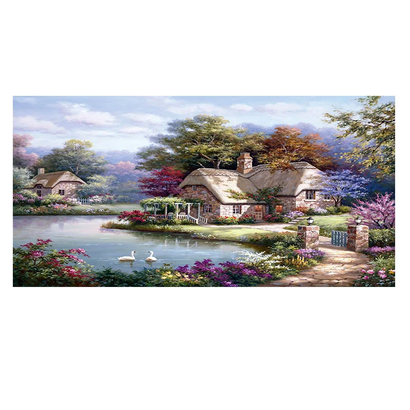 

Abstract House Garden Flowers Trees Lake Oil Painting Printed On Canvas Nordic Wall Art Poster And Prints For Living Room Decor