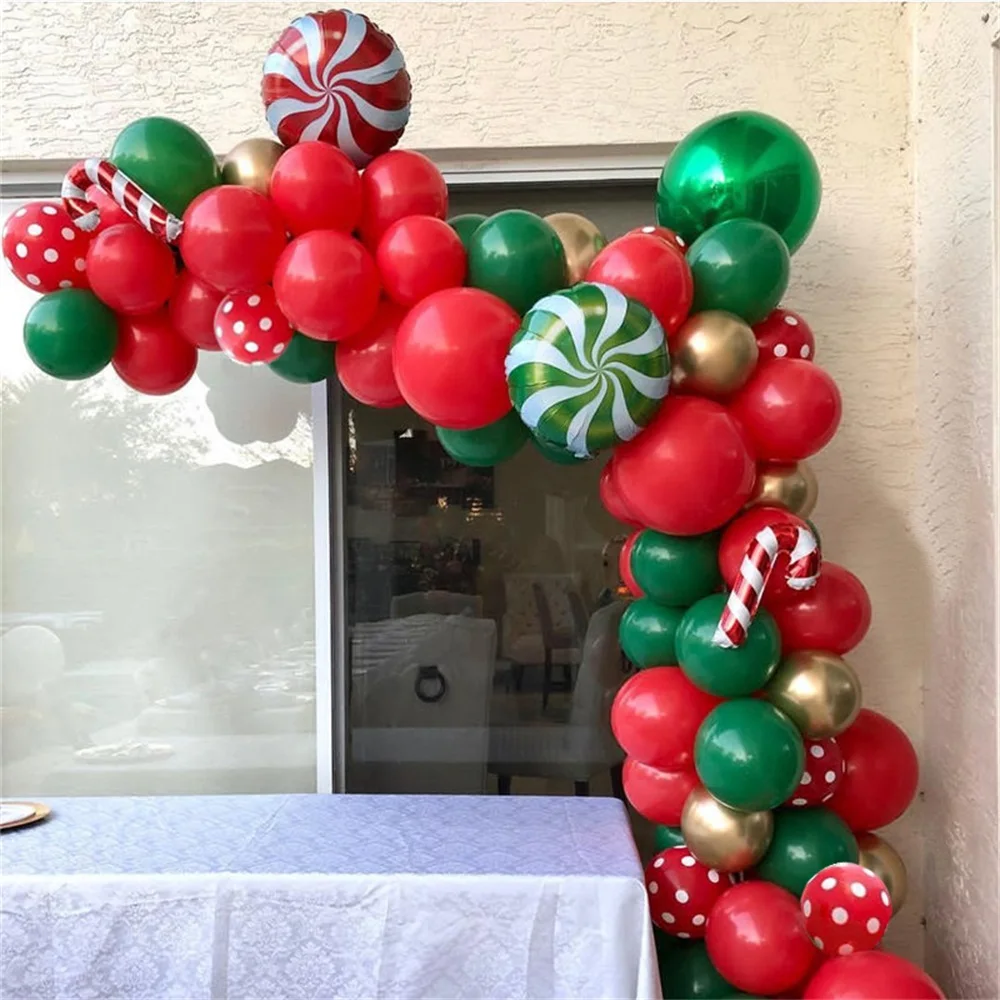 1Set 75Pcs Merry Christmas Balloons Garland Red Green DIY Ballon Chain Helium Round Foil Candy Globos Santa Claus Navidad Canes