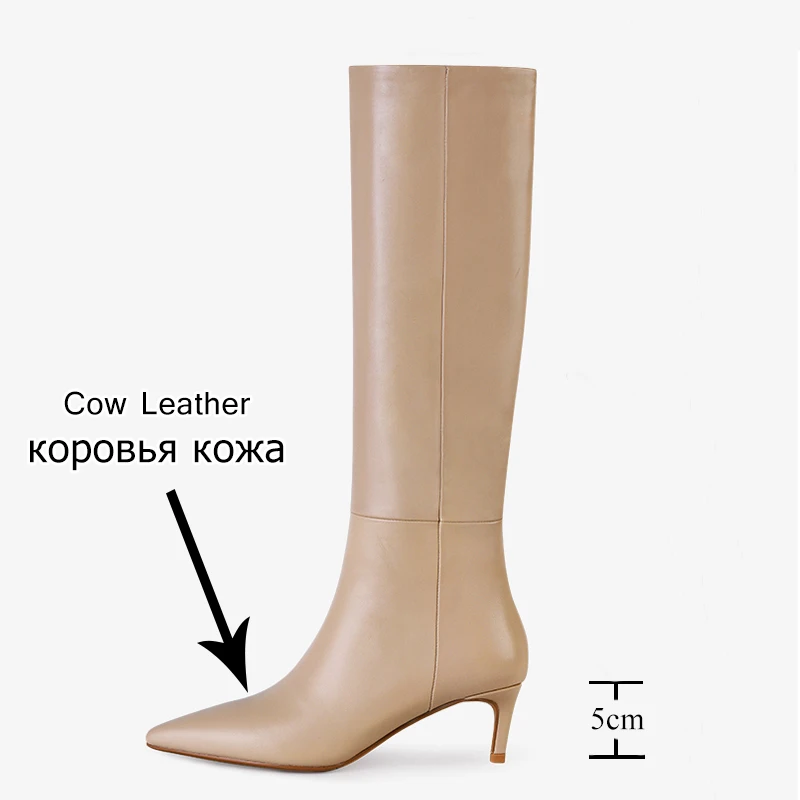 Taoffen Size 33-43 Women Genuine Leather Knee High Boots Pointed Toe Thin Heel Slip On Party Club Winter Ladies Footwear