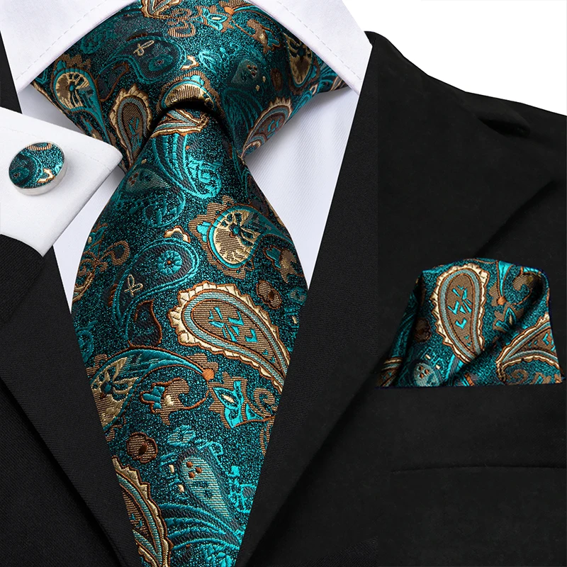 Hi-Tie Luxury Gift Box Classic Paisley Teal Green NeckTie Gentle Men's Tie Handky Cufflinks Set Tie For Men Wedding High Quality