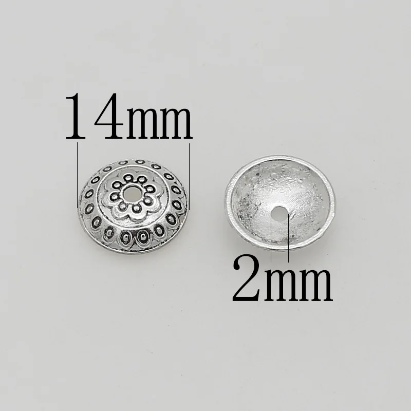 50pcs/lot Bohemia Antique Silver Flower Round Bead Caps 14mm Decoration Zinc Alloy Beaded End Cap Charms DIY Jewelry Findings