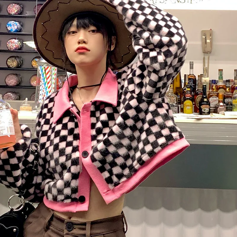  Korean Fashion Y2k Tops Harajuku Checkerboard Sweater Autumn New Cropped Cardigan Women Contrast Color Knitwear Streetwear