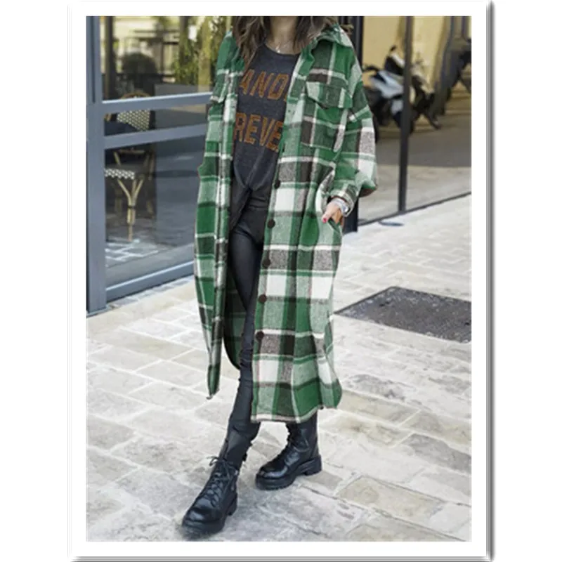 Women\'s Fashion Long Plaid Coat Autumn Shirt Coat Woolen Coat Streetwear Women Clothing Loose Coat Female Casual Jacket