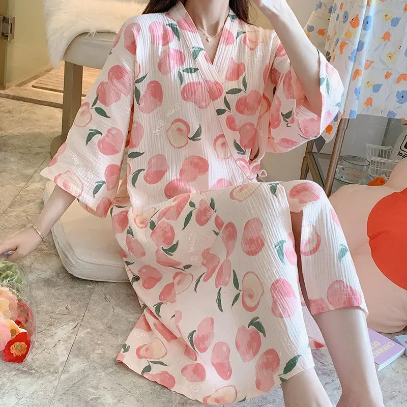 

Casual Robe For Female Print Peach Sleepwear Kimono Bathrobe Gown Soft Nightgown Bowknot Lounge Wear Loose Intimate Lingerie