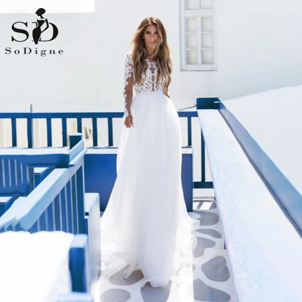 

Белое Кружевное пляжное свадебное платье soworthy с длинным рукавом, эффектные простые свадебные платья в стиле бохо на заказ