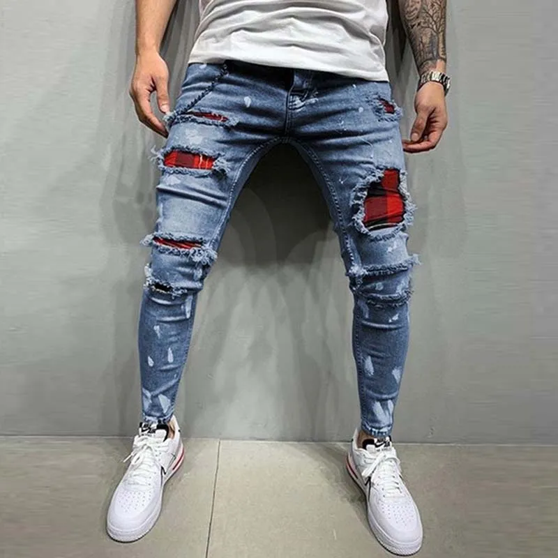 Fashion Mens Skinny Ripped Jeans Grid Beggar Patches Slim Fit Stretch Casual Denim Pencil Pants Painting Jogging Trousers Men