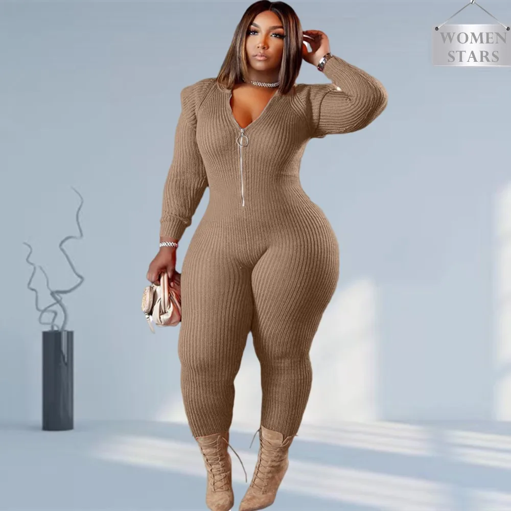 

Knitted Jumpsuit Women 4xl Plus Size One Piece Outfit Hoodies Zip Up Bodycon Fashion Street Bodysuit New Wholesale Dropshipping