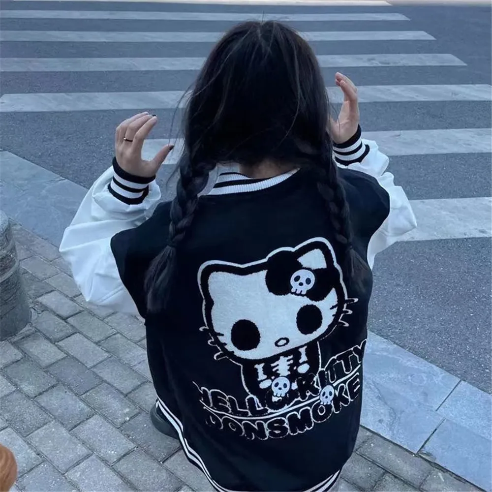 Sudadera con capucha de dibujos animados para mujer, ropa de calle Harajuku, chaqueta negra con cremallera, jersey de gran tamaño, Tops Vintage