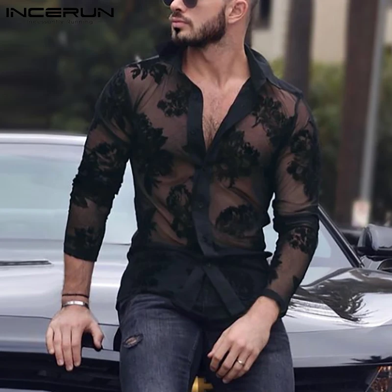 INCERUN 2024 Men Shirt Mesh Lace Lapel See Through Sexy Long Sleeve Streetwear Camisas Fashion Party Nightclub Shirts Men S-5XL