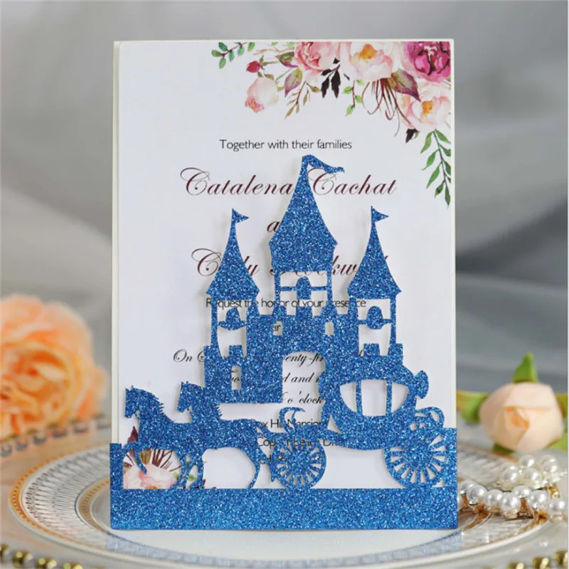 Glittery castle laser cut invitation card pocket for wedding baptism birthday graduation personalized printing multi colors