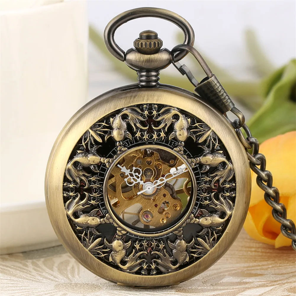 Steampunk Vintage Bronze Goldfishes Mechanical Pocket Watch Men Roman Numerals Display Vintage Thick Chain Pendant Timepiece