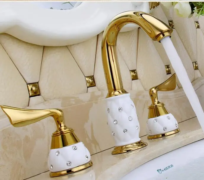 

Vidric Fashion luxury bathroom faucet solid brass construction hot and cold gold finish 8' widespread basin faucet bathroom sink