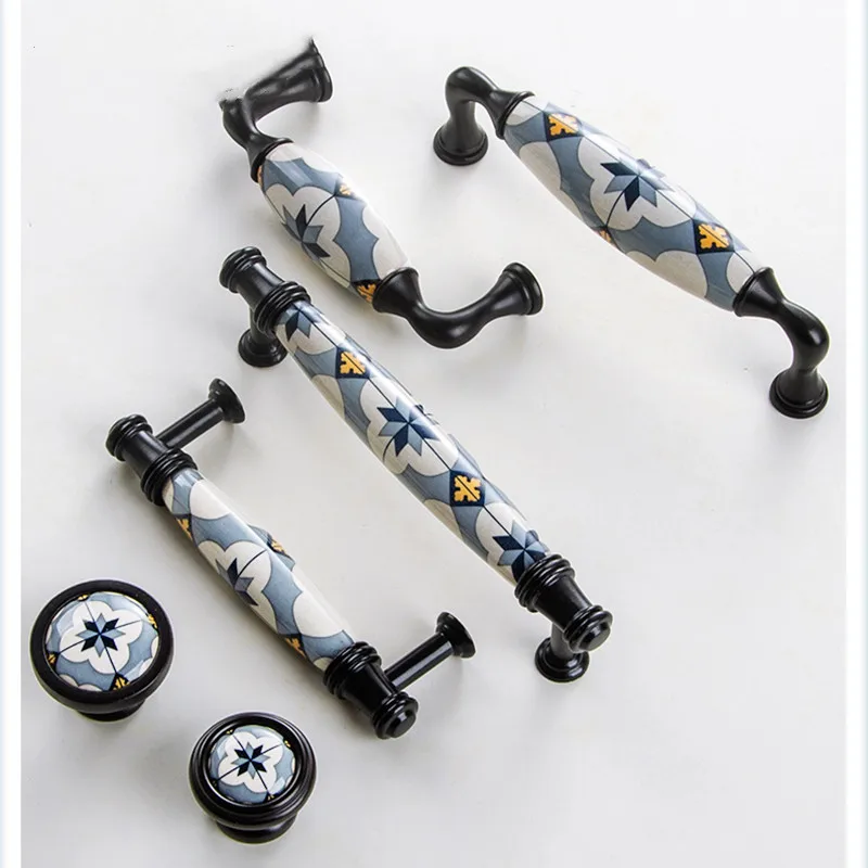 Blue Flower /Ceramic Door Handles and Knobs Nordic Furniture Handles Drawer Pulls Kitchen Cabinet Knobs and Handles With Screw