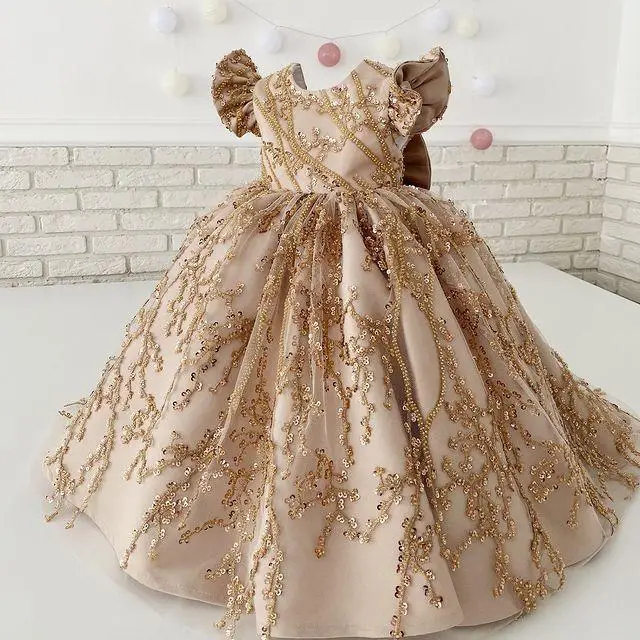 

2021 Gold Luxurious Flower Girl Dresses Ball Gown Beaded Sequined Little Kids Birthday Pageant Wedding Gowns