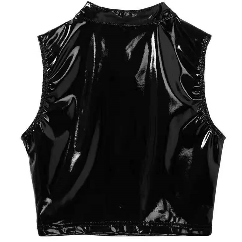 Women Sexy Shiny Leather Vest Erotic Porn Deep U Bare Breast Patent Leather Camisole Glossy Shaping Latex Sheath Crop Tank Tops