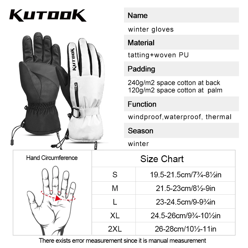 KUTOOK Skiing Gloves Winter Thermal Bicycle Cycling Snowboard Gloves Touchscreen Waterproof for Bike Motorcycle Ski Accessories