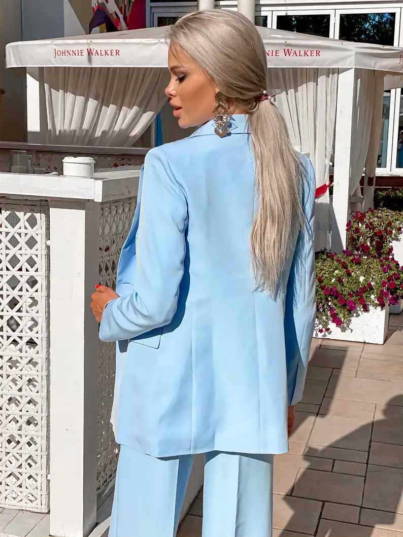 Spring  Sky Blue Celebrity Women Evening Suit 2 Pieces Mother of Bride Dress Party Prom Wear Pants Outfits for Wedding