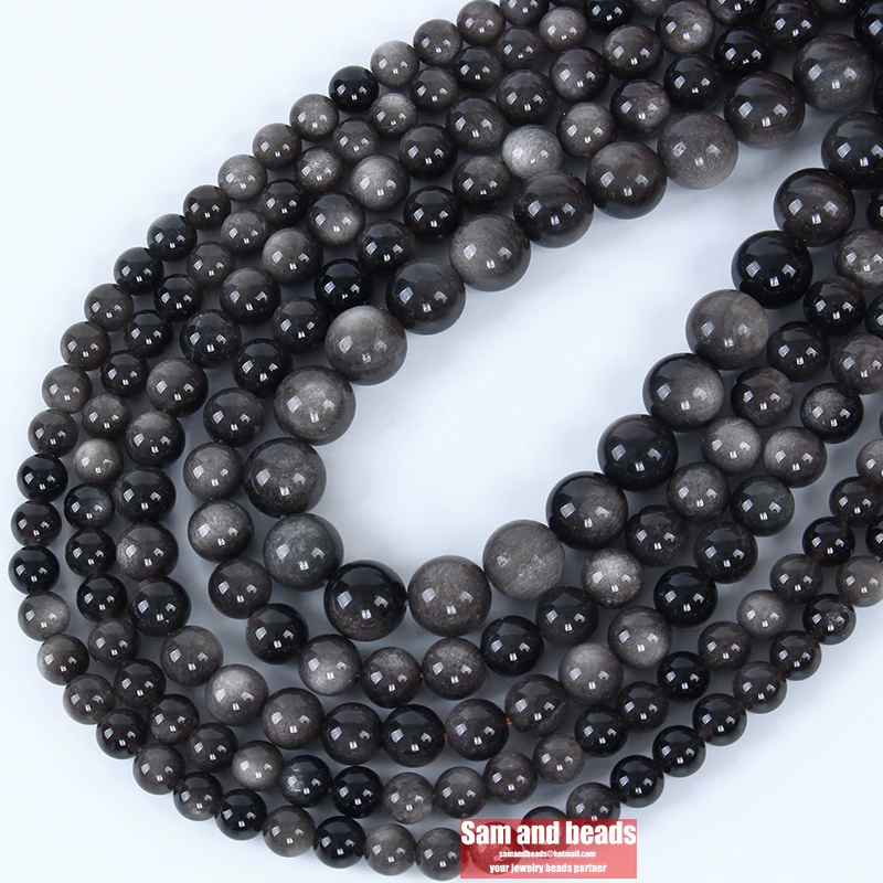 Natural Silver Color Obsidian Round Loose Beads For Jewelry Making SOB21