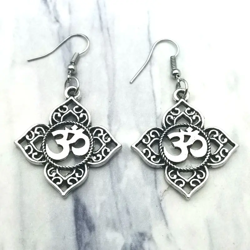 Filigree OHM OM AUM Buddha Pendant Earrings , Buddhist, Yoga Earrings