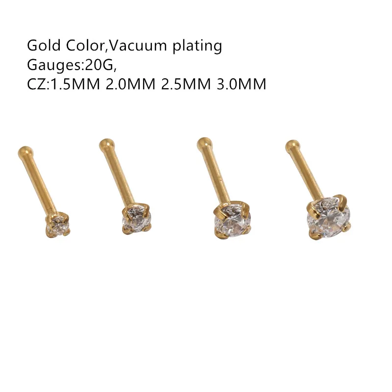 Wholesale 50pcs/Lot  CZ  Gold Color Nose Stud Bone Pin Surgical Steel Nose Studs Nose Piercing 20gX7mmx1.5mm 2mm 2.5mm 3mm