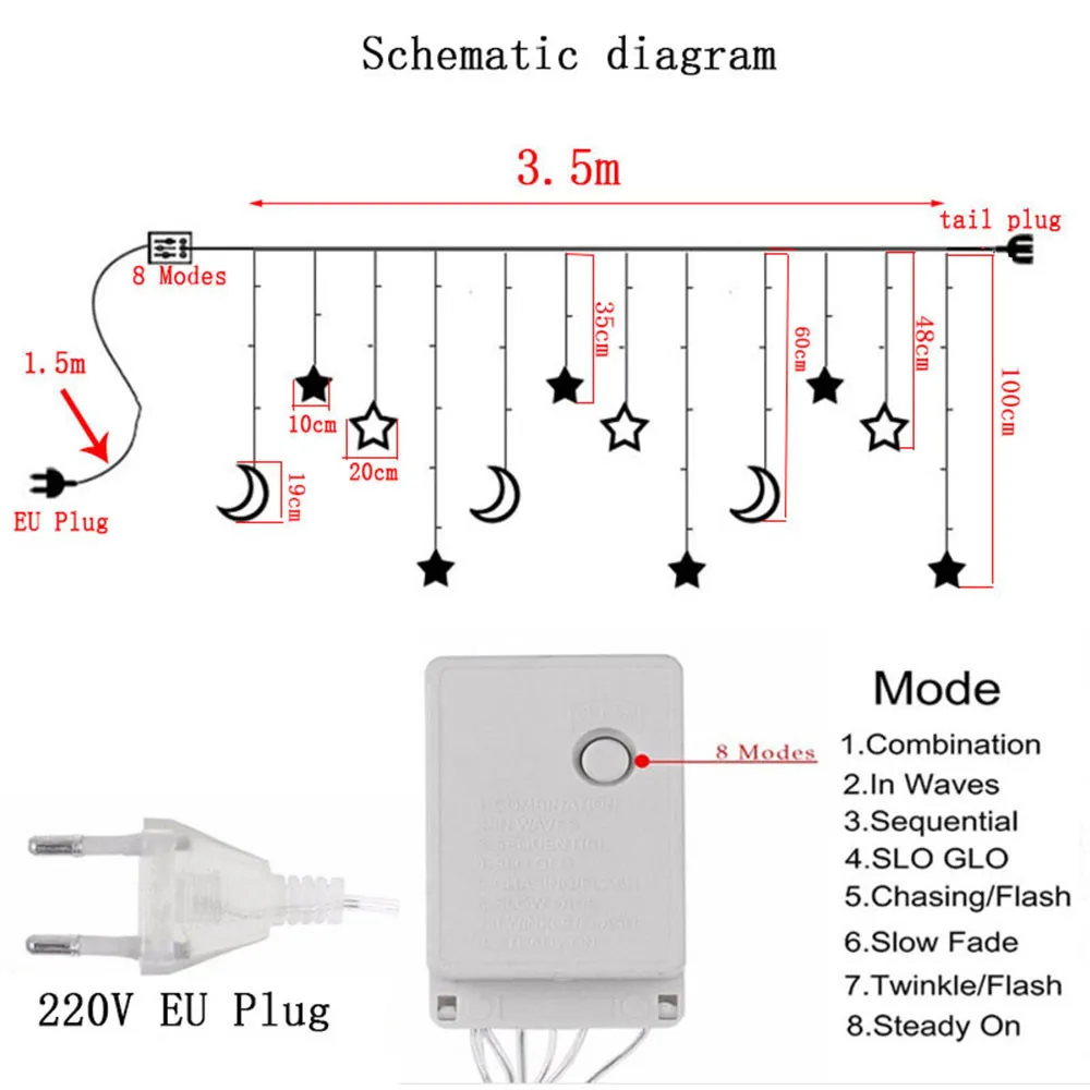 3.5M Icicle Star Moon LED String Light for Curtain Fairy Garland Lamp Christmas Holiday Wedding New Year Party Decoration
