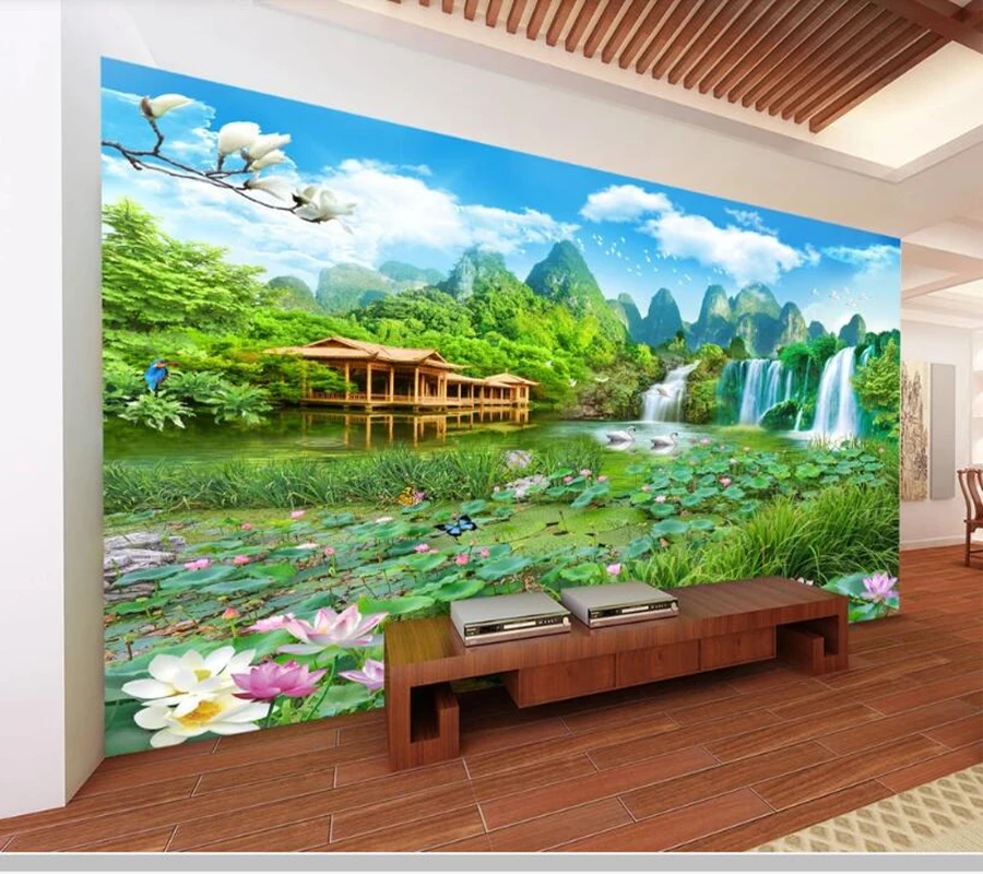 

Papel de parede Chinese style landscape mountain waterfall 3d wallpaper,living room tv wall bedroom wall papers home decor mural