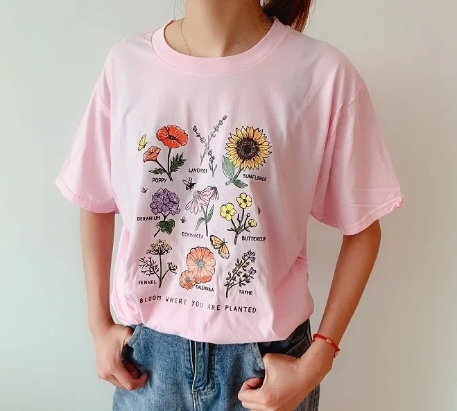 kuakuayu HJN Shoulder Floral Slogan Animal Tee Women Clothing Short Sleeve Tshirt