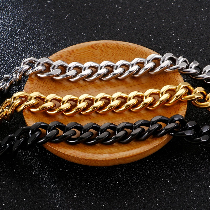 Kalen 11mm Dubai Gold Color Link Bracelet Men 16-24cm Black Cuban Chain Stainless Steel Jewelry