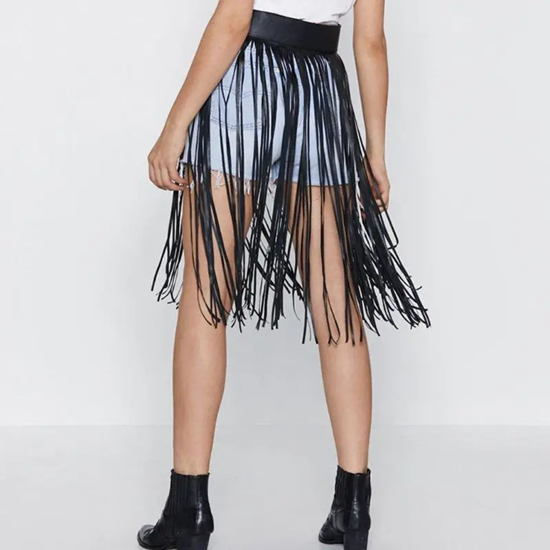 Womens High Waist Faux Leather Fringe Tassels Skirt with Buttons Halloween Party Punk Rock Clubwear