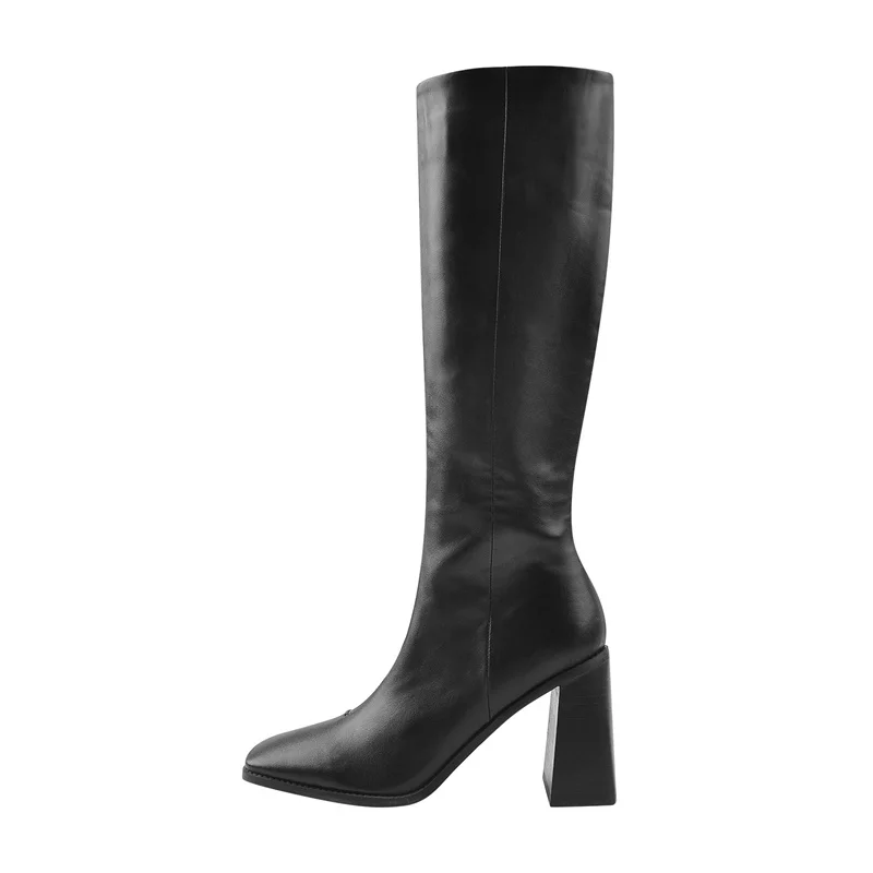 Onlymaker Women Square Toe Knee High Boots Black PU Patent Leather Chunky High Heels  Side Zipper Fashion Sexy  Big Size Boots