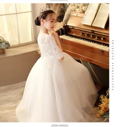Elegant Flower Girls Wedding Party White Dress Piano Performance Long Dress For Girls Carnival Banquet Lace Ball Gown 4-12Year
