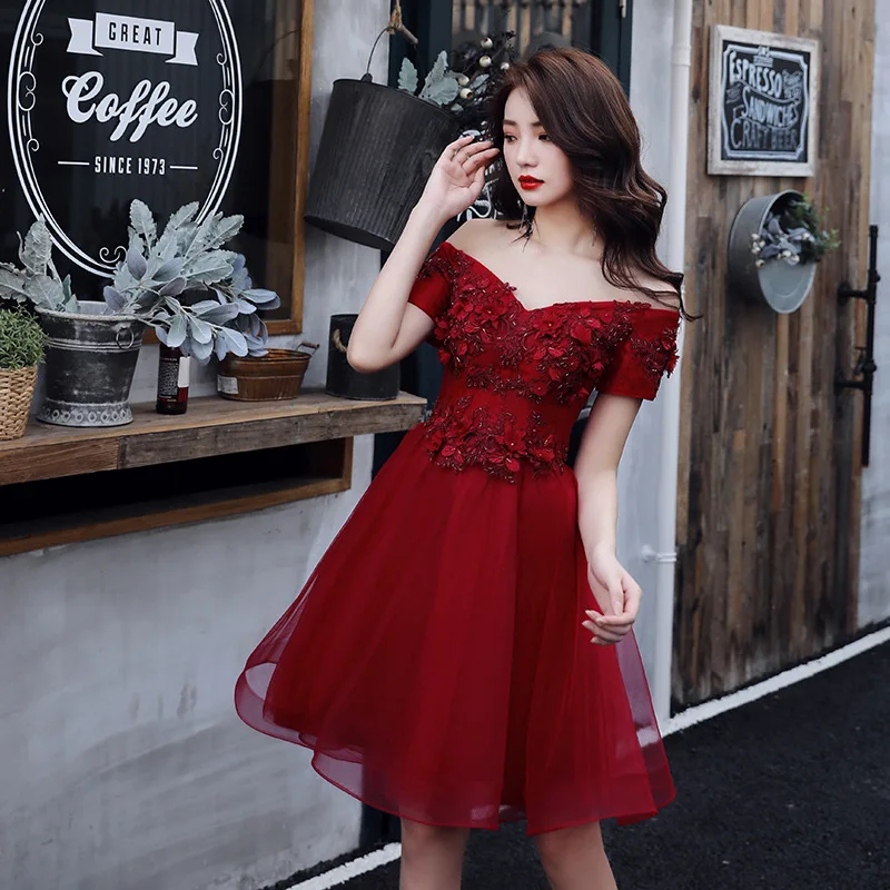 Boat Neck Floral Applique Evening Dress Short Sleeve Tulle With Beads Evening Dresses Short Real Photo Elegant Vestido De Festa