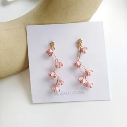 Wedding Jewellery Japanese Style Long Rhinestone Crystal Pink Sakura Flower with Zircon Clip Earrings Without Piercing For Women