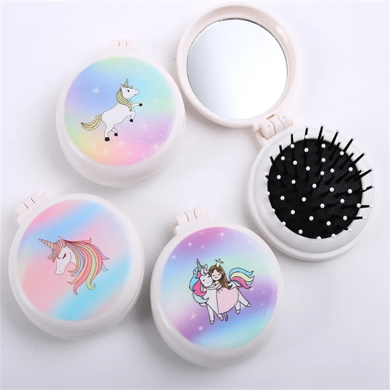 Compact Portable Folding Comb Portable Travel Comb Air Bag Massage with Mirror Unicorn Pony Air Bag Comb